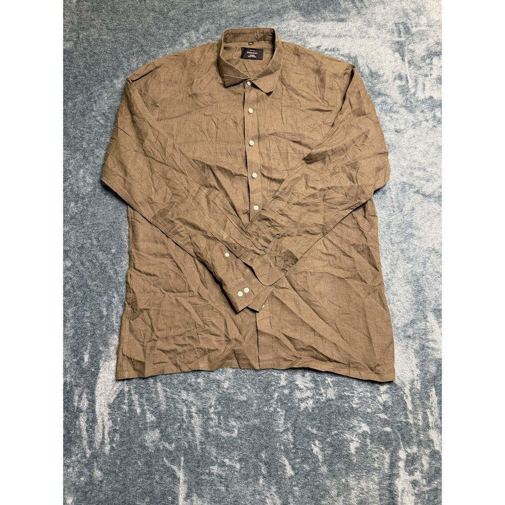 Studio Suits Men's Casual Button-Down Tailored Fit XXL Brown Linen Long Sleeve